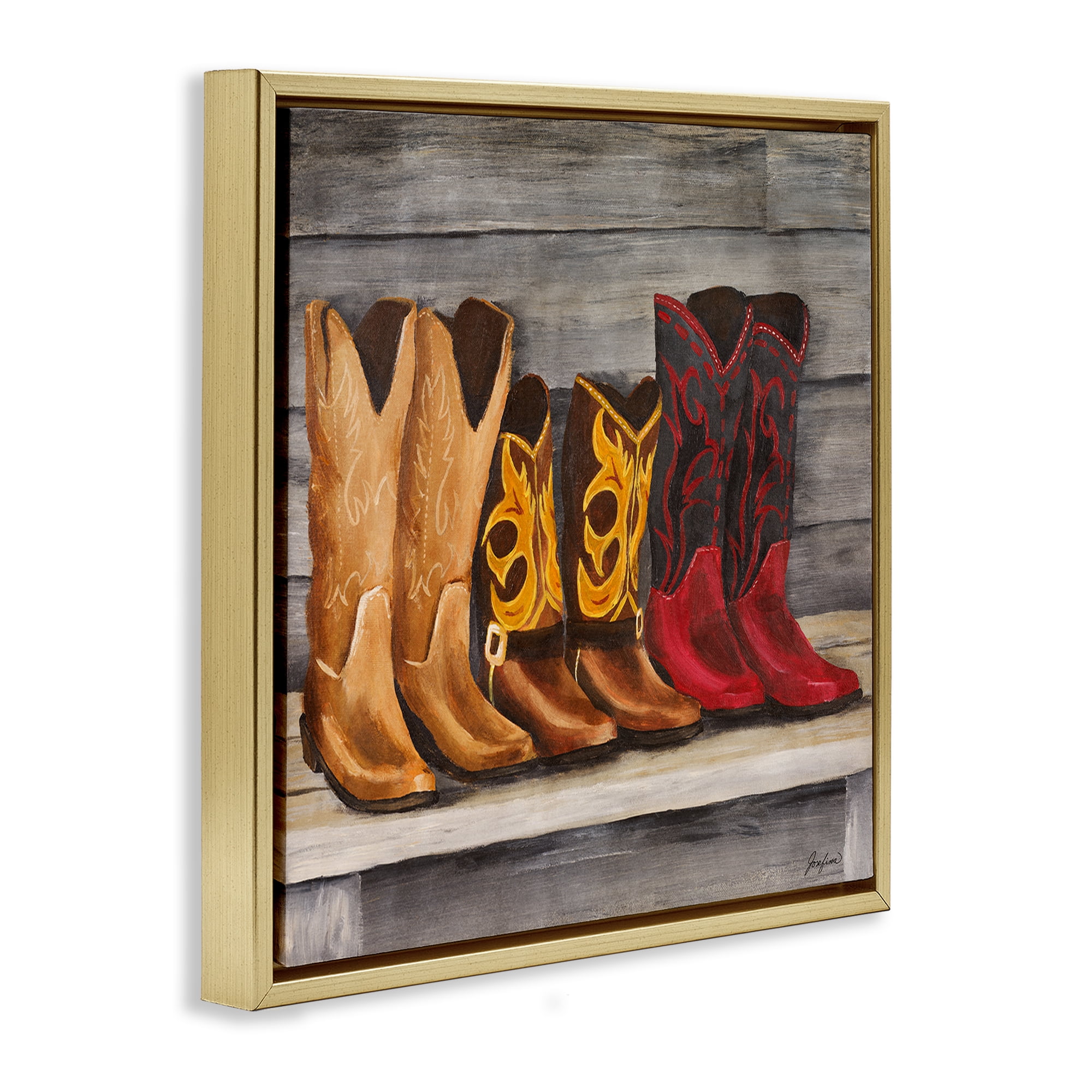 Stupell Industries Lined Up Cowboy Boots Entertainment Painting Gold Floater Framed Canvas Art Print Wall Art, 25 x 25