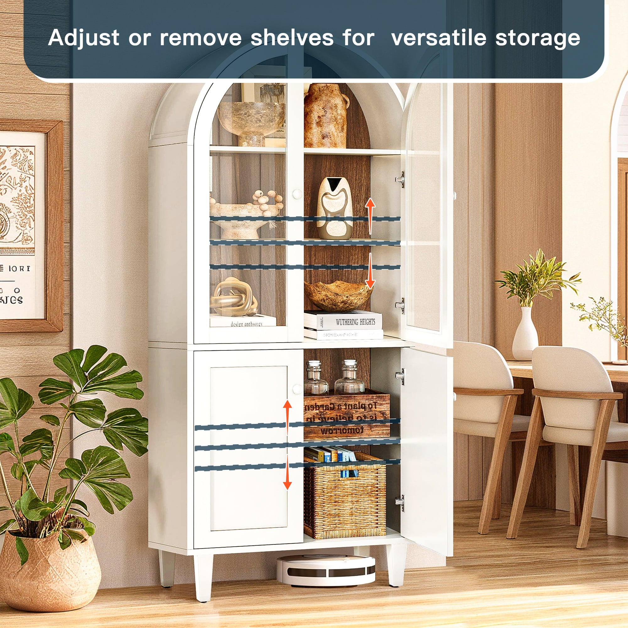 Demi Bonn 5 Tier Arched Bookcase, 68" Tall Wood Display Bookshelf Storage Cabinet Pantry Organizer for Bedroom, Living Room, White