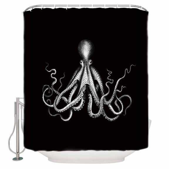 Black Grey Octopus Bathroom Shower Curtains with 12 Hooks Polyester Waterproof Shower Curtain for Stalls and Bathtubs Summer Ocean Animals Vintage Decorative Bathroom Privacy Curtain 36x72 Inches