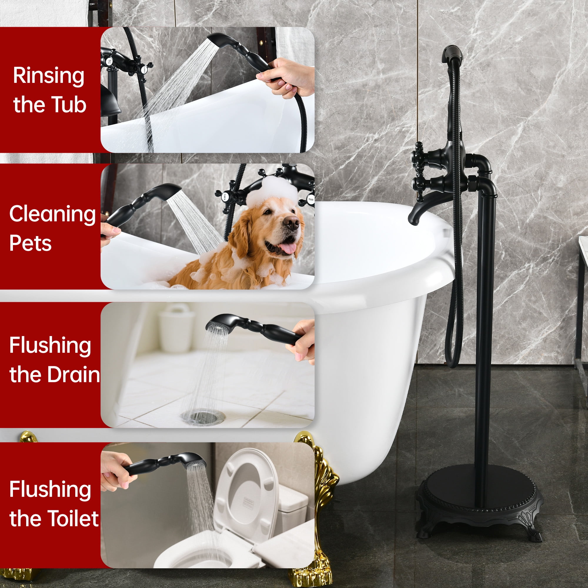 SUMERAIN Matte Black Freestanding Bathtub Faucet, High Flow Waterfall Floor Mount Bathtub Filler with Hand Shower, Solid Brass