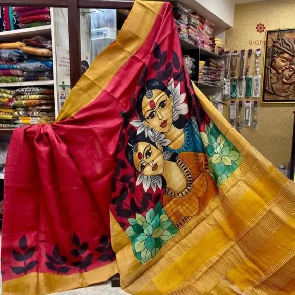 Crimson Red Hand Painted Pure Gachi Tussar Silk Saree