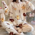 thumbnail image 2 of Conjunto de pijama de franela cálida para mujer, ropa de dormir de manga larga con estampado bonito, Top y pantalón largo, 3 uds., 2 of 4