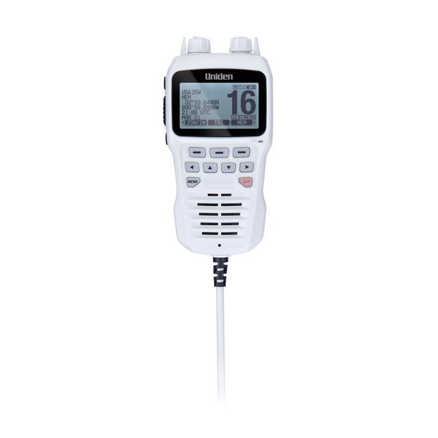 Uniden America VHF Radio Microphone UMRMIC For Use With UM725 Series VHF Radio; Remote Microphone; 8-Pin Connector; Left Side Push To Talk Button; White