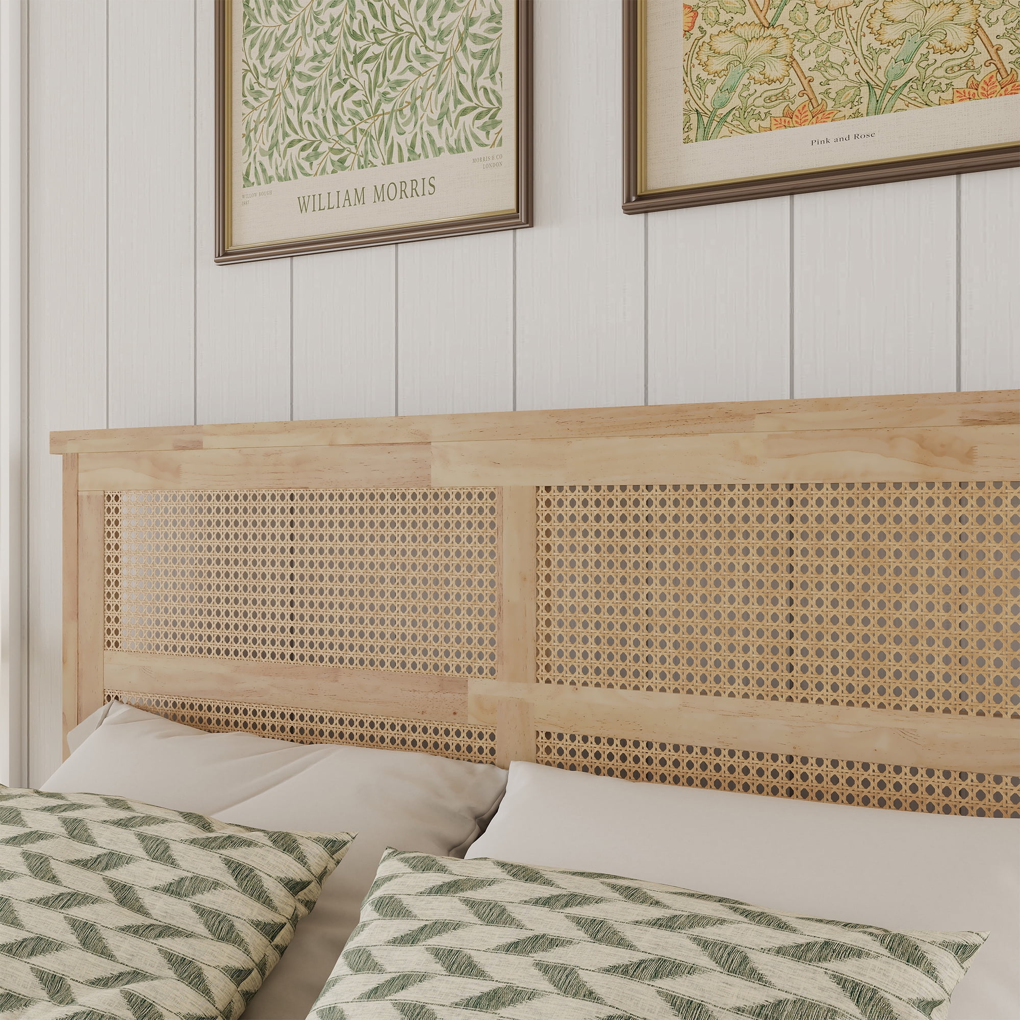 Full Size Solid Wood Bed with Rattan Headboard, Rubber Wood Bed Frame with Central Support Beams and 8 Inch Underbed Storage for Bedroom, Natural, 78.7x57.3x40.8 Inch