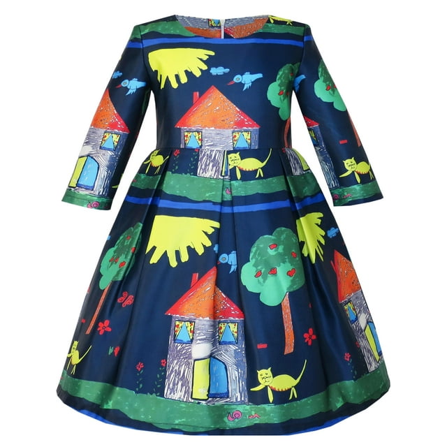 Girls Dress House Tree Print Cartoon Long Sleeve Winter Dress 10 Years
