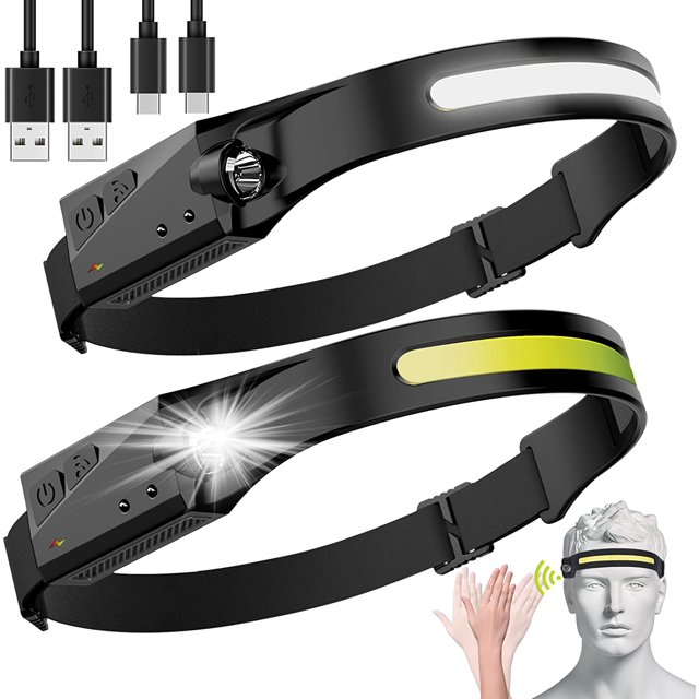GHSDFBB LED Headlamp, 2 Pack Rechargeable Flashlight for Adults, 230° Wide Beam Headlight, Motion Sensor Head Lamp, Adjustable Headband Outdoor Waterproof Head Light for Running, Camping, Hikin