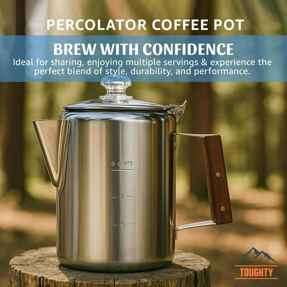 Yosemite Percolator Coffee Pot – 9-Cup Stovetop Coffee Maker, Silver