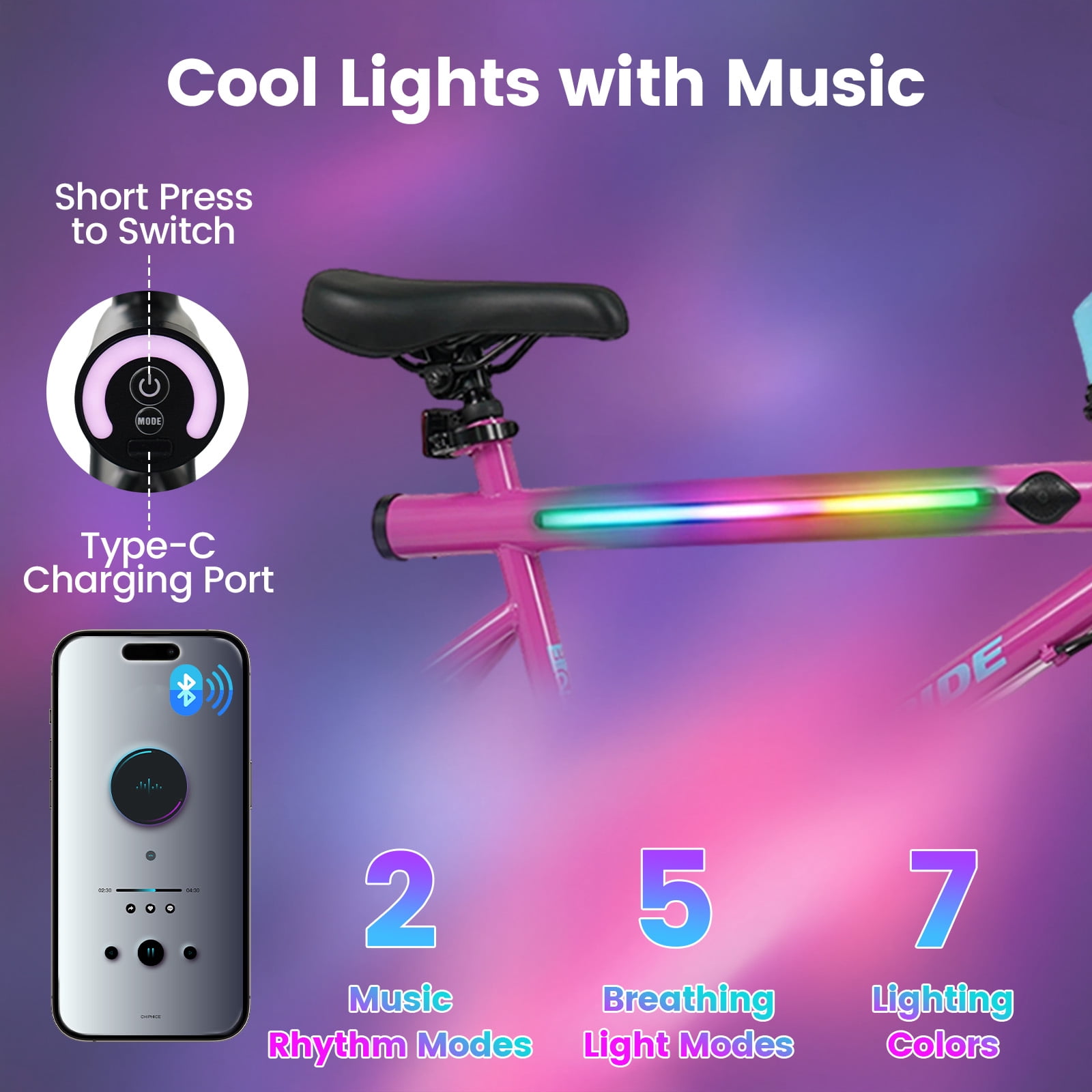 OLAKIDS Mountain Bike, 20 Inch Bicycle with 7 Lighting Modes Bluetooth Music 6 Speed Drivetrain