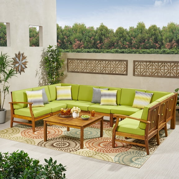 Danielle Outdoor 10 Piece Acacia Wood Sectional Sofa Set with Cushions, Teak, Green