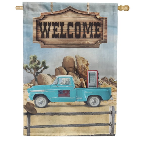 America Forever Welcome Blue Truck House Flag 28 x 40 inches Countryside Patriotic Truck Desert Double Sided Summer Seasonal Yard Outdoor Decorative Cowboy Hat Cactus House Flag