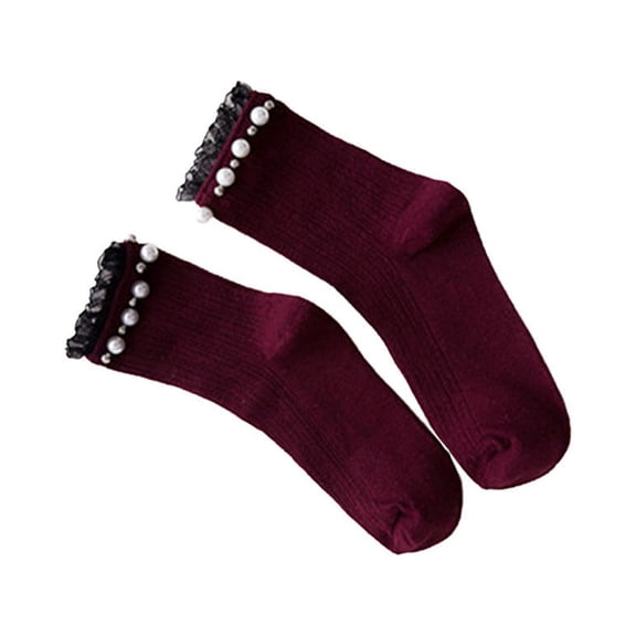RENACLIPY 1 Pair Women Cotton Crew Socks Dark Red Lace Ankle Sock Comfortable Casual Wear