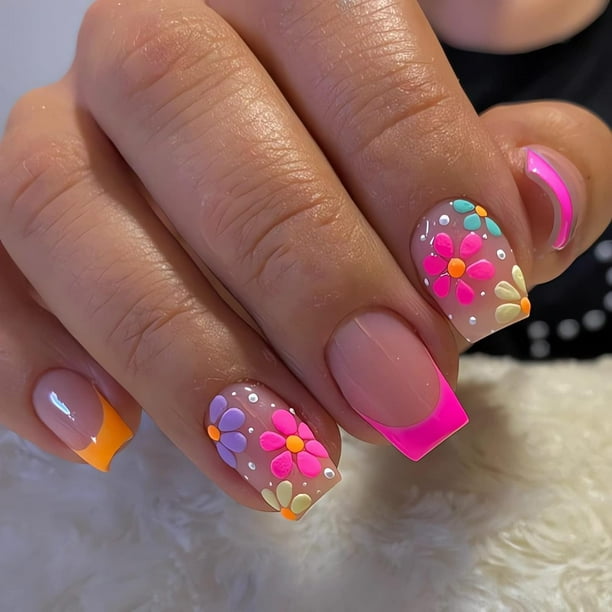 Uñas postizas cuadradas con punta francesa corta, uñas postizas rosas con diseños de flores de colores, uñas acrílicas brillantes, uñas postizas bonitas para primavera y verano, uñas adhesivas para mu