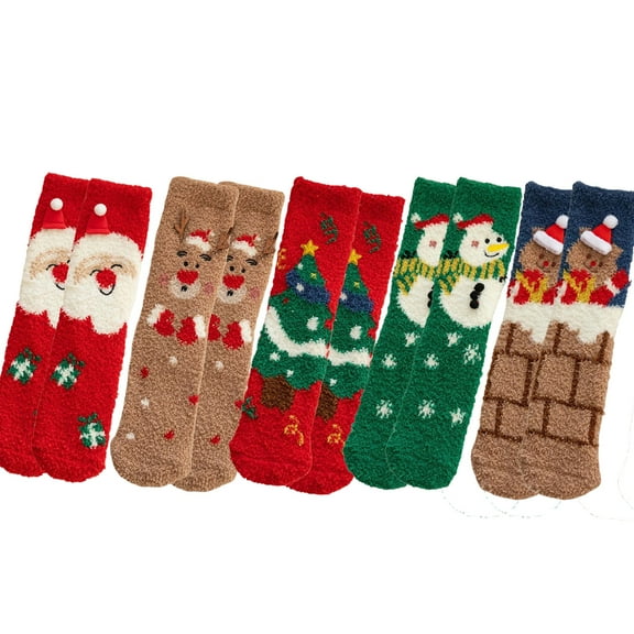 Socks 5 Pairs Unisex Adult Christmas Socks Fluffy Christmas House Slipper Socks Ideal Christmas Gift