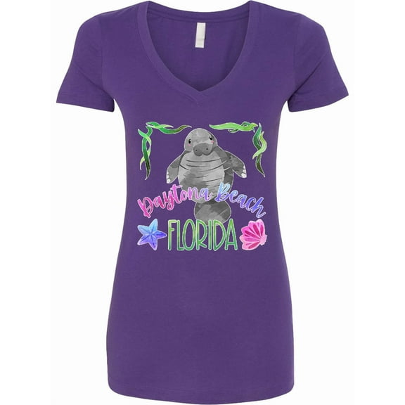 Inktastic Daytona Beach Florida Cute Swimming Manatee Women's V-Neck T-Shirt