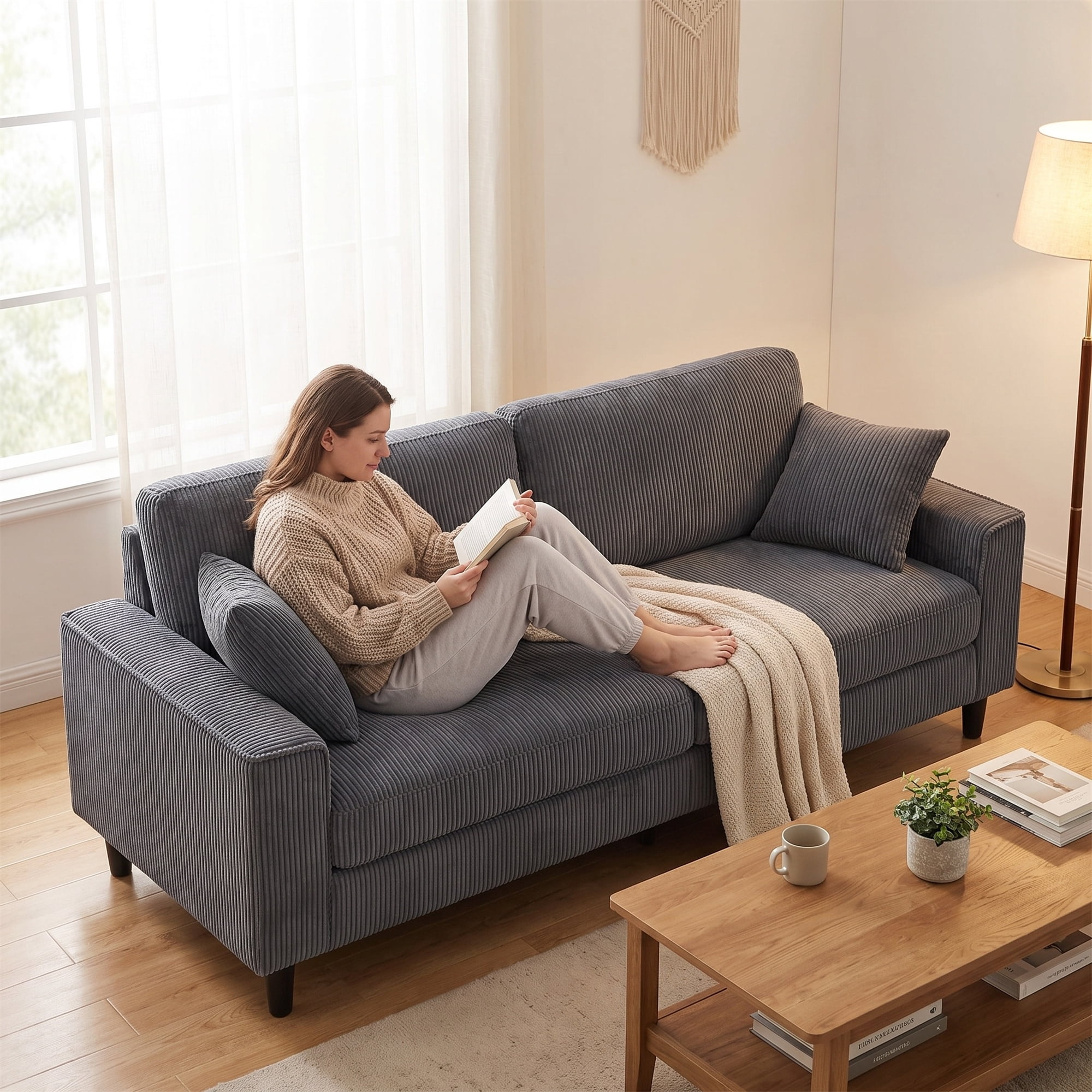 Aukfa 82" Square Arm Sofa 3 Seat Deep Seat Upholstered Couch for Living Room Bedroom, 2 Pillows, Corduroy, Dark Gray