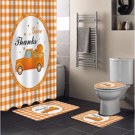 ZHANZZK Thansgiving 4 Piece Bathroom Set Shower Curtain Bath Rug Contour Mat and Toilet Lid Cover