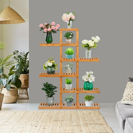 

100% Bamboo Plant Frame Multi-Storey Balcony Bamboo Frame Flower Frame Indoor Office Balcony Living Room Outdoor Garden Decoration 6 Floors 12 Seats---Natural