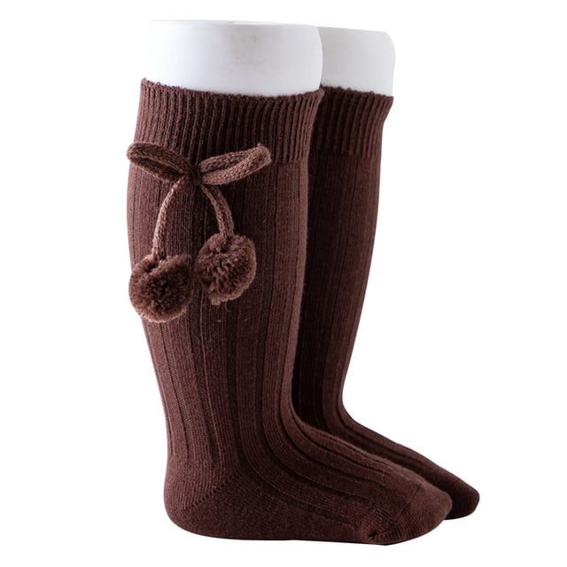 FAIWAD Baby Girls Cute Socks with Pompoms Toddler Stretch High Knee Ribbed Knitted Floor Long Socks
