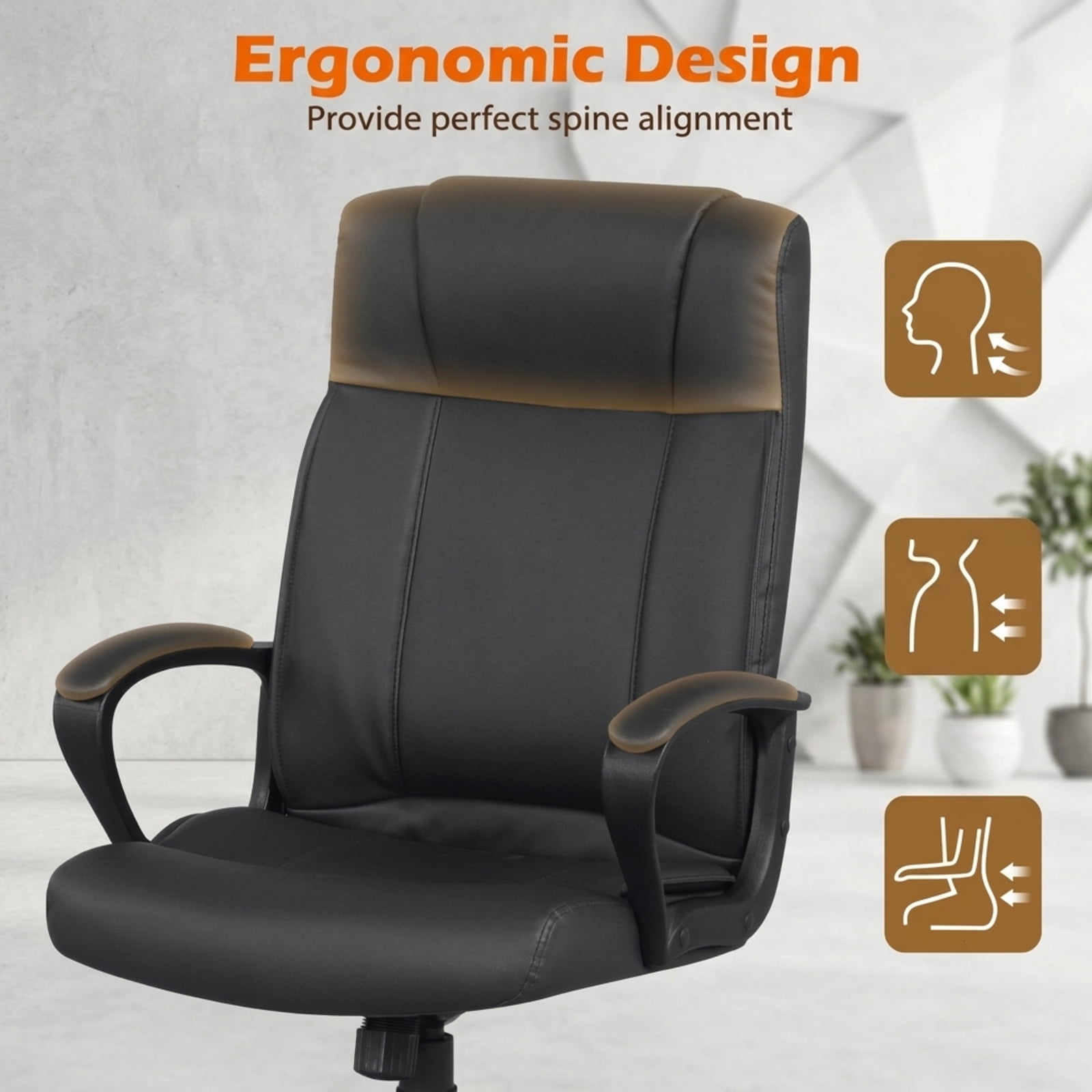 Furnibear Faux Leather Office Chair Computer Desk Chair with Rocking Function Padded Armrests Height Adjustable Swivel Seat and Casters, Black