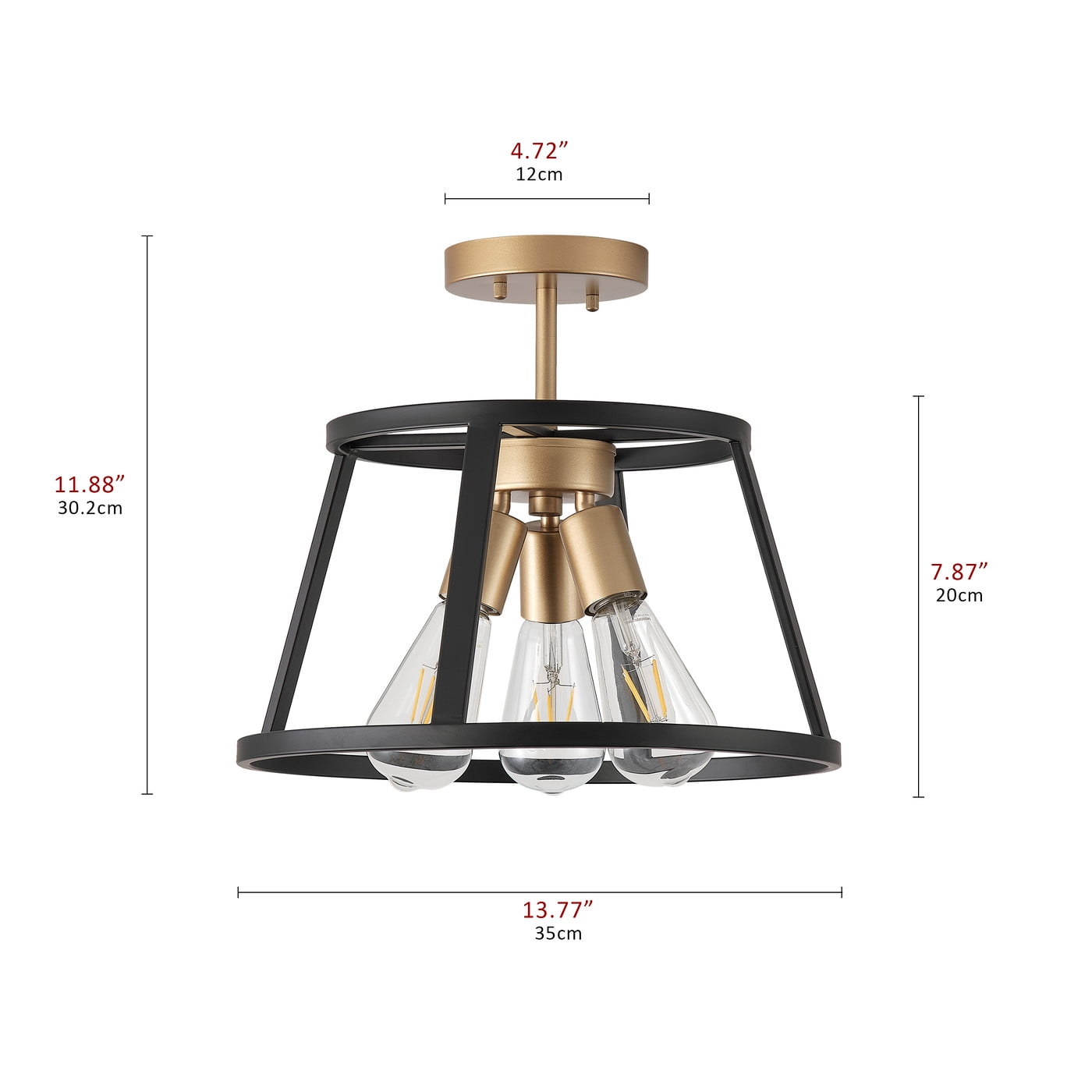 Modern Industrial Semi Flush Mount Ceiling Lighting, Retro Black Gold Close to Ceiling Light Fixture, 4-Light Metal Square Ceiling Light