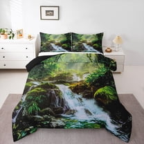 Manfei Green Jungle Tree Full Size Comforter Sets for Teens, Nature Stream Stone Bedding Comforter Set, Plant Botanical Reversible Bedding Sets, Breathable Home Decor, 3pcs