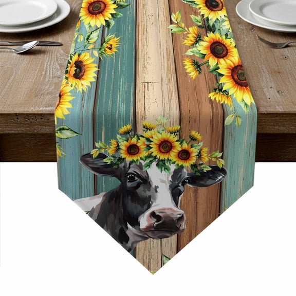 Sunflower Cow Table Runner Linen Burlap Table Runner 36 Inches Small Rustic Teal Brown Farmhouse Wood Grain Dresser Scarves for Kitchen Island Coffee Dining Room Party Wedding Holiday Decor 13"x36"