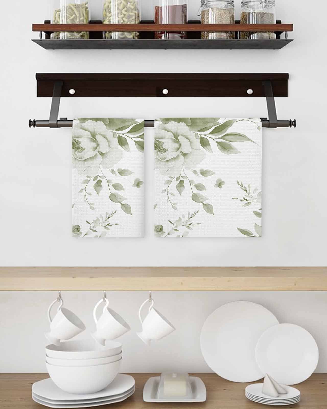 Green Floral Art Kitchen Dish Towels for Drying Dishes Set of 2, Watercolor Botanical Spring Flowers Waffle Weave Microfiber Terry Hand Tea Bathroom Towels Quick Dry & Absorbent Towel 15.7x23.6
