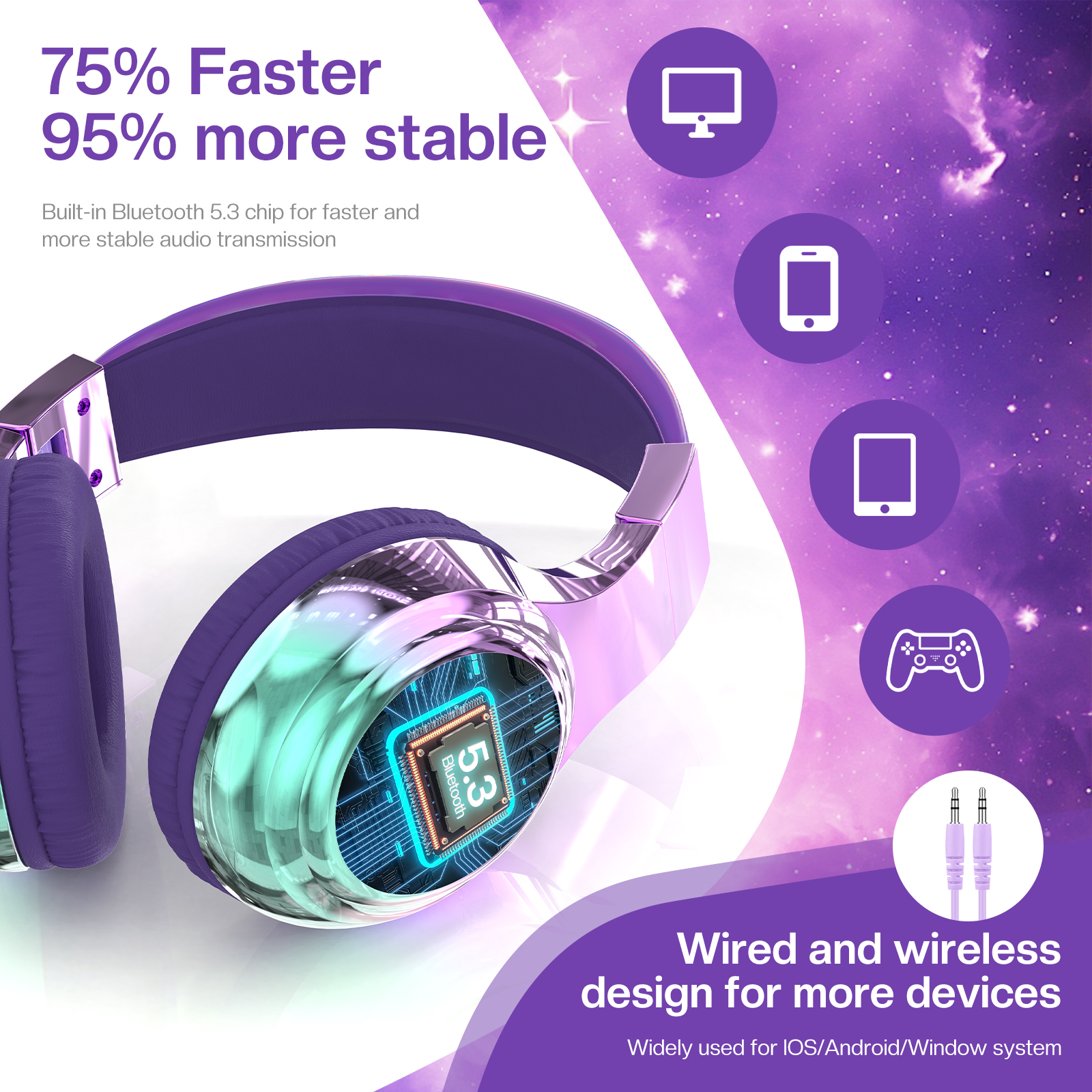 Qearfun Bluetooth Kids Headphones, Purple photo 5