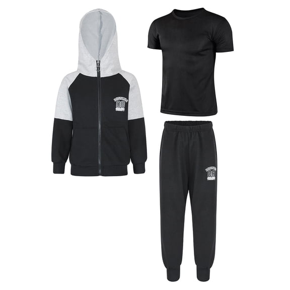 TiaoBug 3 Piece Kids Boys Tracksuit Long Sleeve Full-Zip Hoodie Jackets Sweatpants T-shirt Set Black 3-4