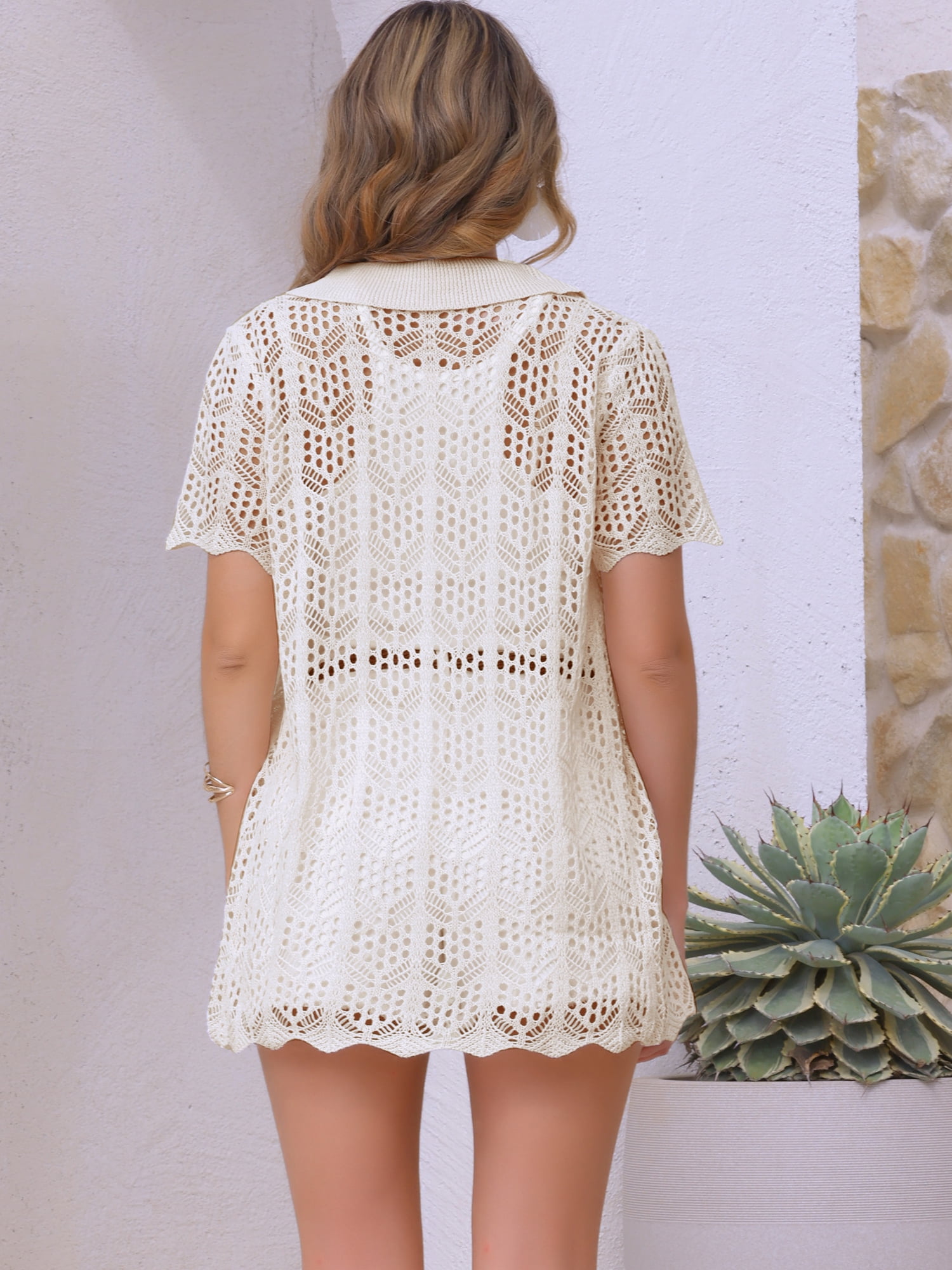 DARING DIVA Women's Button Down Short Sleeve Crochet Hollow Out Beach Cover Up S Apricot
