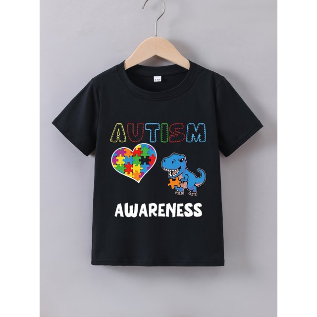 Camiseta de verano para niño con estampado de dinosaurios y letras: algodón transpirable, informal, cuello redondo y manga corta.