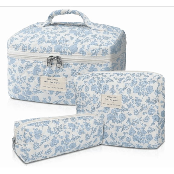 Makeup bag, large quilted makeup bag, women's large flower makeup bag, cute cotton makeup bag set, flower travel toiletries storage bag (blue flower)