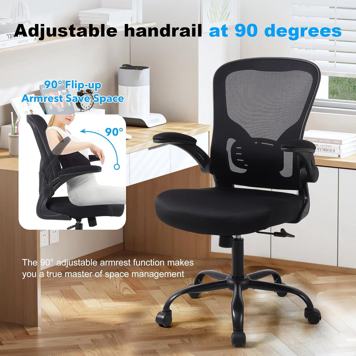 Flysky Mesh Office Chair 300lb, Ergonomic Home Office Desk Chair with Lumbar Support and Flip-up Arms, Black