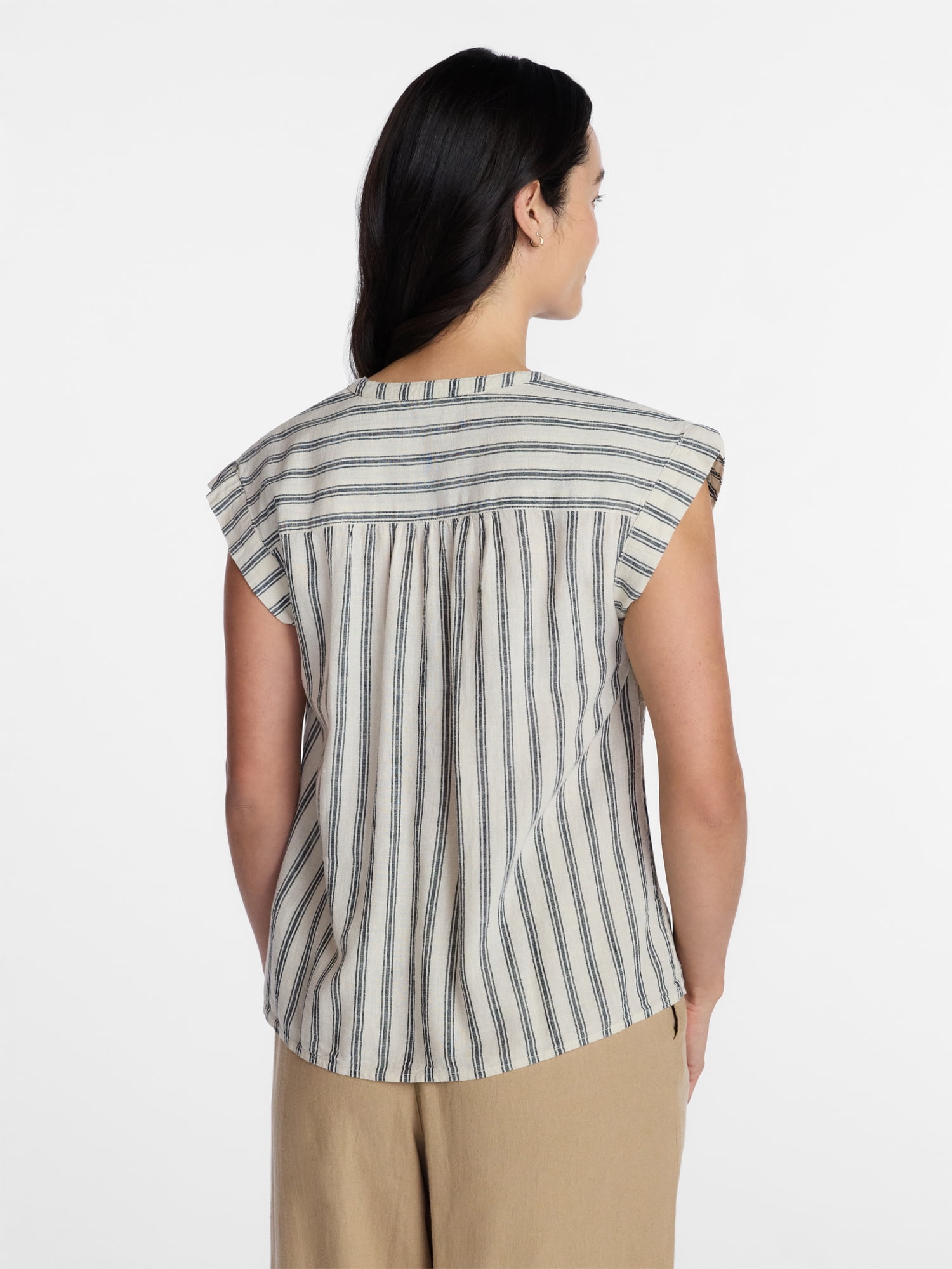Time and Tru Women's Linen Blend Pintuck Top with Short Sleeves, Size XS-XXXL