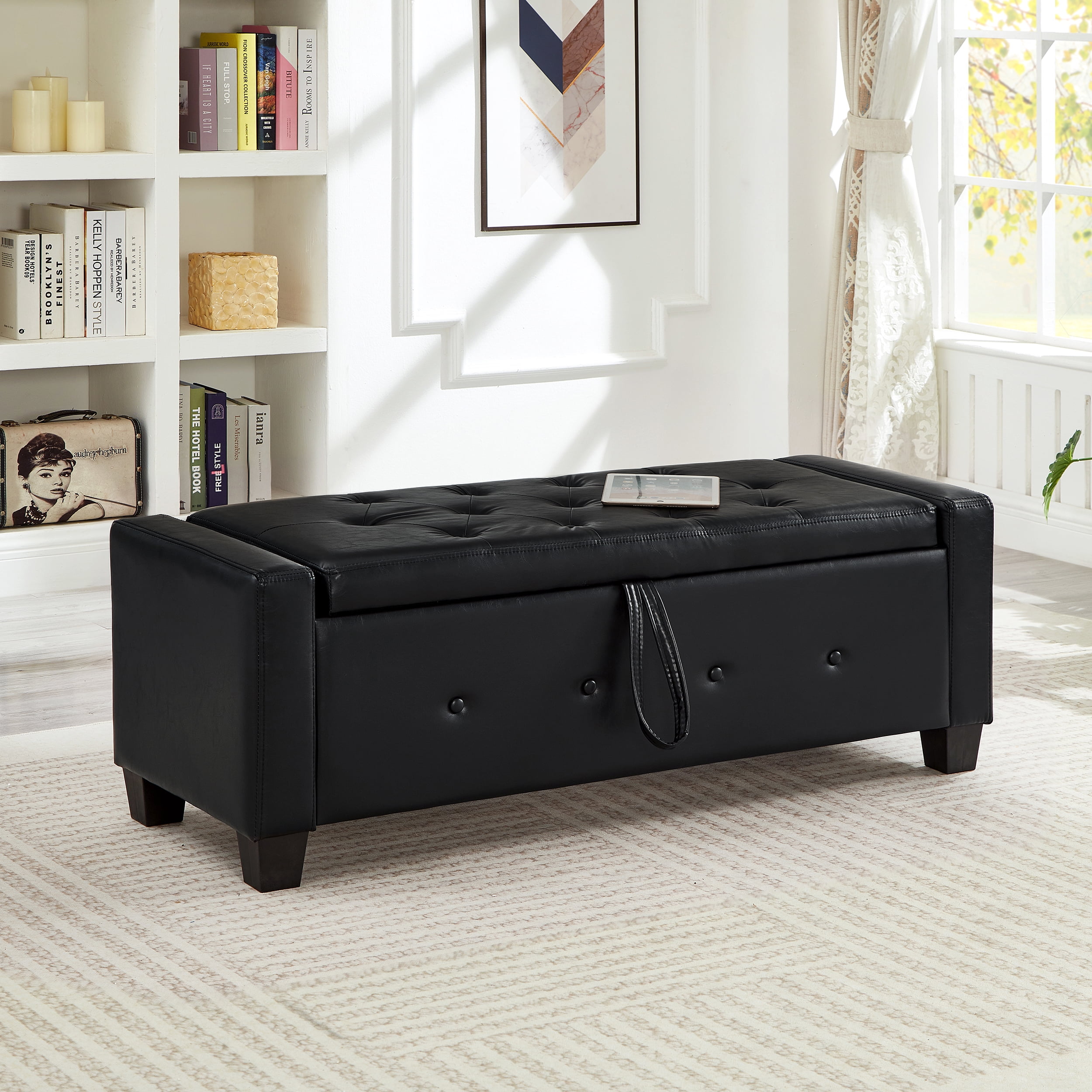 Faux Leather (PU) Storage Ottoman Bench, Features Tufted Upholstery and a Lift-Top for Spacious Hidden Storage, Multi-Purpose Bench for Any Room, Black (48"L x 18.1"W)