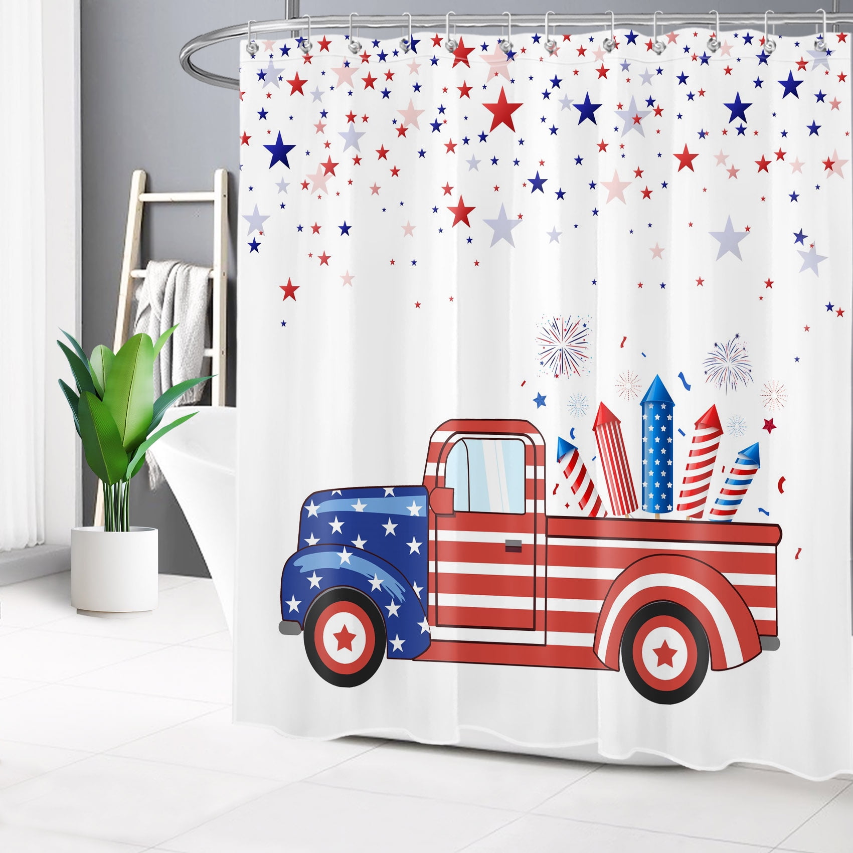 HVEST 4th of July Shower Curtain Blue Red Stars Falling Independence Day Shower Curtain for 