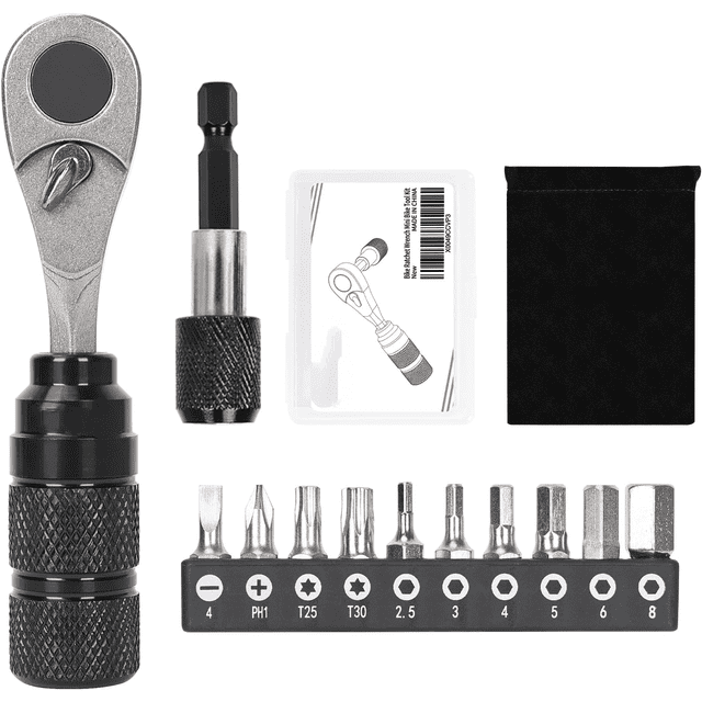 Bike Tool Kit - Mini Ratchet Wrench Set with 10 Bits, 1/4" Reversible Ratcheting Screwdriver, Extension Rod, Storage Case & Bag for MTB Road Bike Repair in Tight Spaces