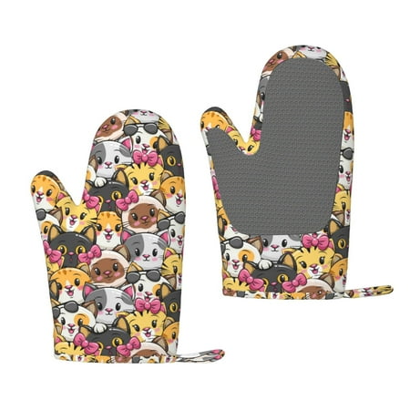 

Hirioo Cute Cat Cartoon for Silicone Oven Mitts for BBQ Baking Cooking Set of 2 Heat Resistant 260℃ Non-Slip Kitchen Essentials