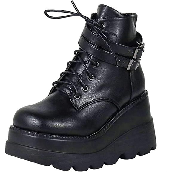 Women's Chunky Platform Combat Booties | High Wedge Heel, Side Zipper & Lace-Up Ankle
