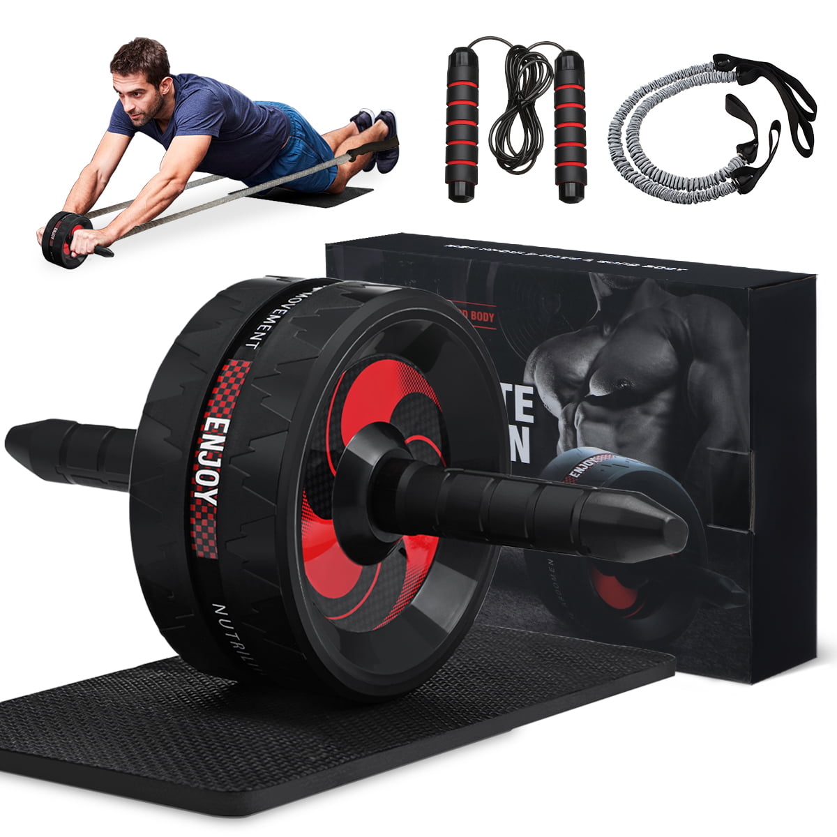 4 Wheels ABs Abdominal Roller Workout Exercise Fitness Equipment Machine Mat 