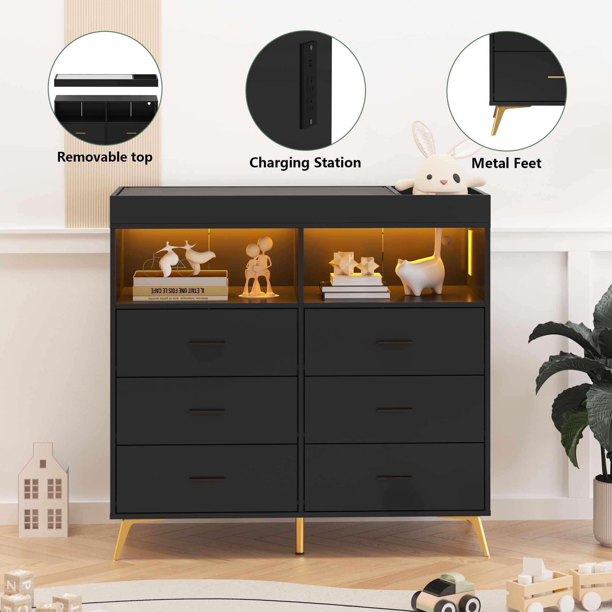 Towallmark 6 Drawer Dresser Changing Table Dresser with Changing Pad, LED Lights & Charging Station for Nursery Bedroom