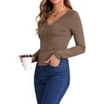 thumbnail image 4 of INSPIRE CHIC Women's V Neck Button Down Long Sleeve Fitted Ribbed Knit Henley Shirts XL Brown, 4 of 6