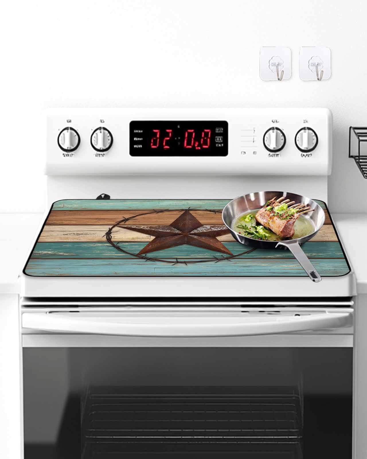 Stove Top Covers for Electric Stove, Vintage Teal Glass Stovetop Cover Protector, Brown Western Texas Barn Star Wood Grain Induction Cooktop Protector Oven Mat for Kitchen Countertop 24"x21"