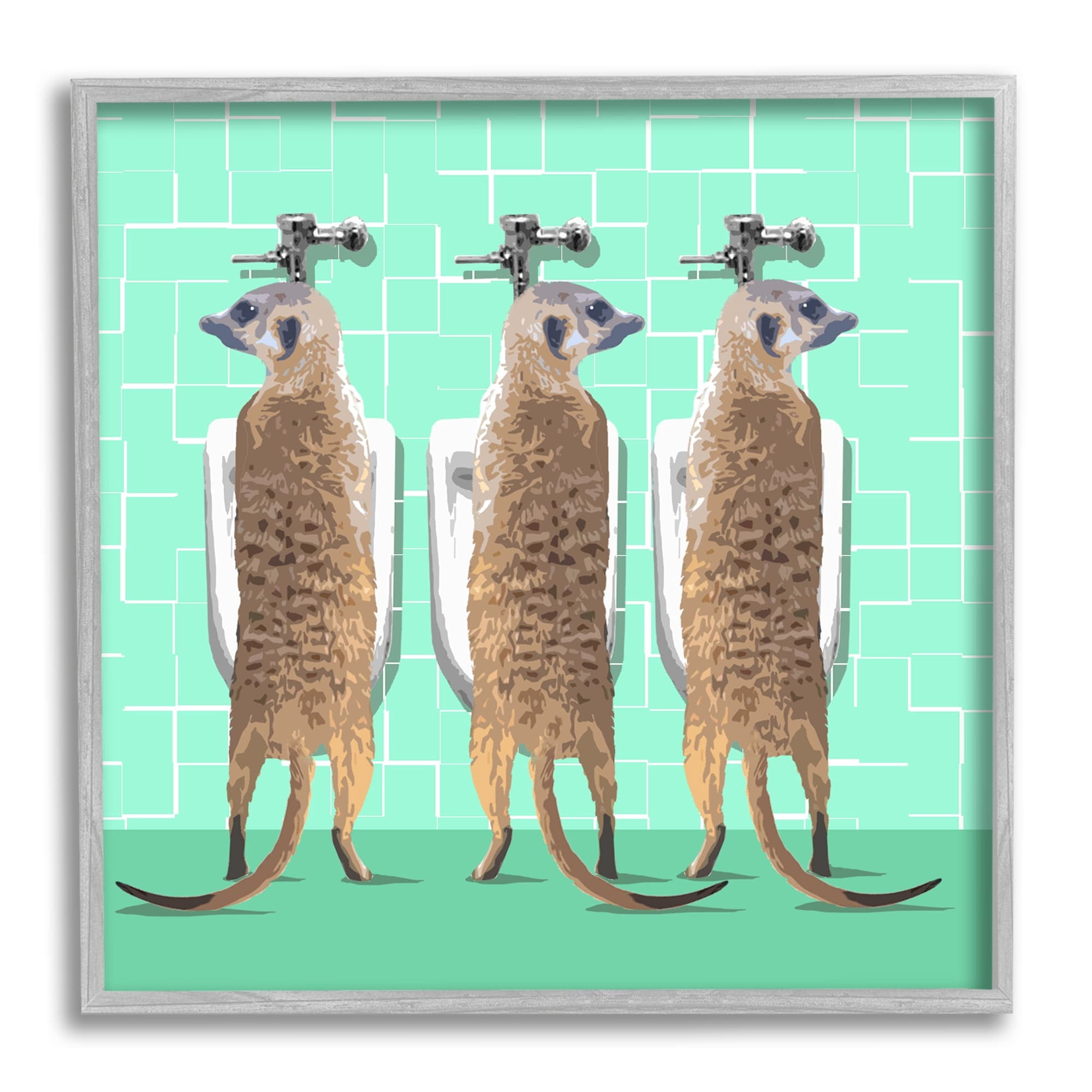 Stupell Industries Funny Meerkats Using Urinal Toilet Green Shapes Pattern Graphic Art Gray Framed Art Print Wall Art, Design by Noah Bay