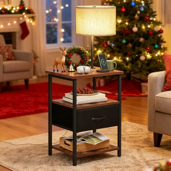 TOMNK Floor Lamp with Table, End Table for Living Room with Lamp, Shelves Side Table with Charging Station(USB & AC Port), 3 Color Temperature LED Bulb, Modern Nightstand Lamp for Bedroom, Office