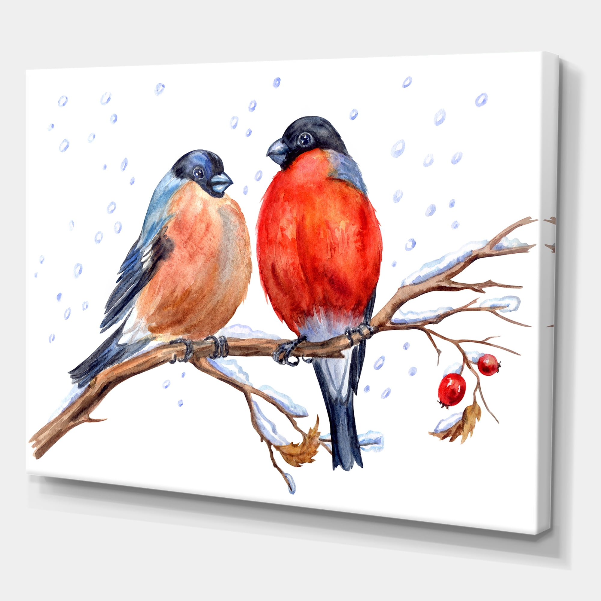 Two Bullfinches On A Hawthorn Branch with Snowfall In Winter 12 in x 8 in Painting Canvas Art Print, by Designart