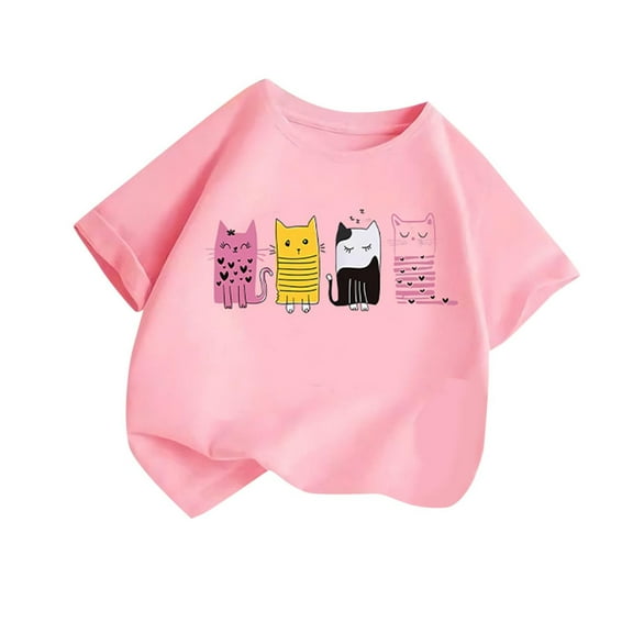 SGFCWSX Girls Short Sleeve T-Shirt, Kids Print Cotton Breathable Lightweight Top, Casual Everyday Wear Pink Size 6-8 Years