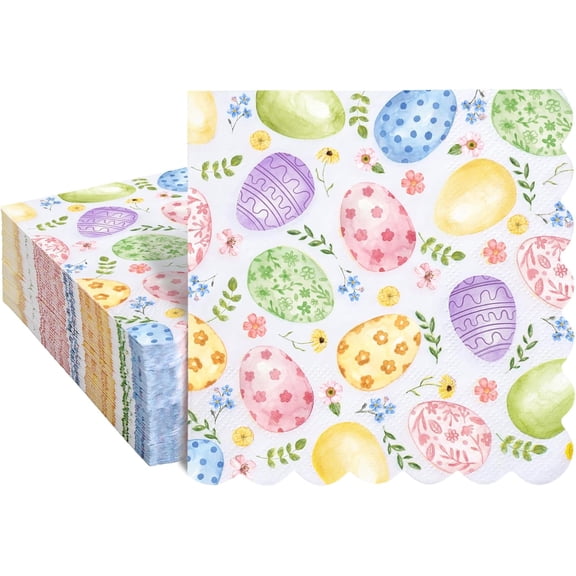 Easter Scalloped Cocktail Napkin Floral Egg Paper Napkin Disposable Flower Egg Dinner Dessert Napkin for Spring Party Supplies