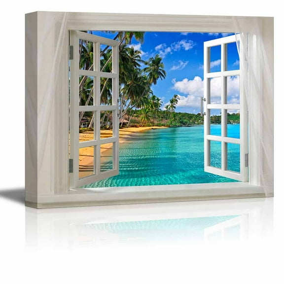 wall26 - Glimpse into Beautiful Tropical Beach with Palm Trees out of Open Window | Modern Wall Decor/Home Decoration Stretched Gallery Canvas Wrap Giclee Print & Ready to Hang - 36" x 48&qu