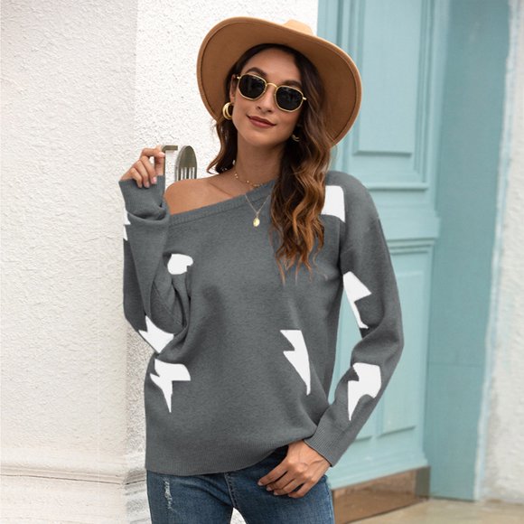 EGNMCR Sweaters for Women Women Star Print Off-Shoulder Round Neck Sweater